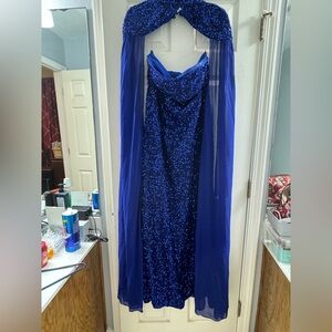 Elegant Blue Sequin Gown with Sheer Overlay